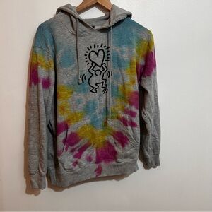 Keith Haring Tie Dye Graphic Heart Hoodie Gray Small